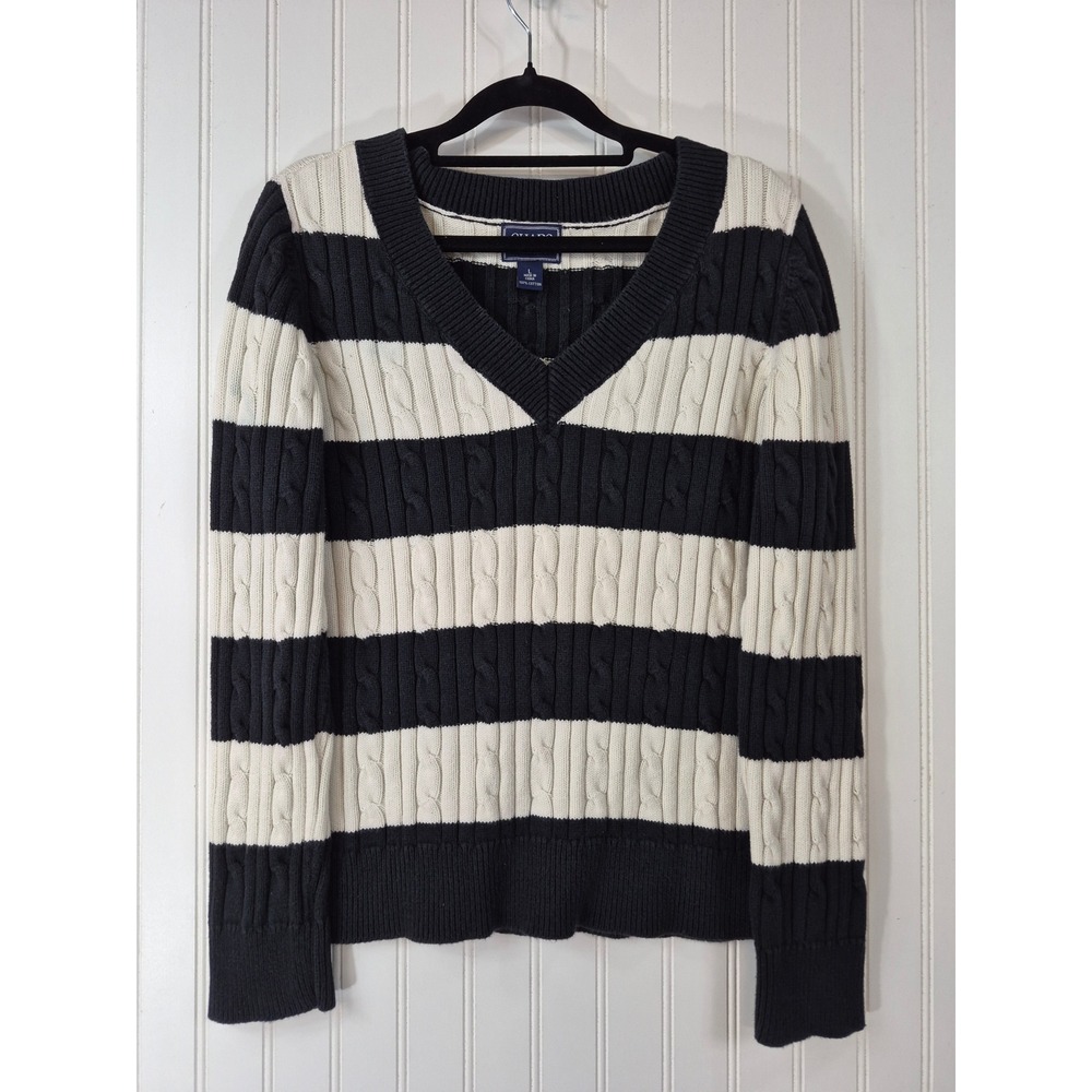 Chaps Womens Navy White Striped Cable Knit V-Neck Cotton Sweater Preppy Large